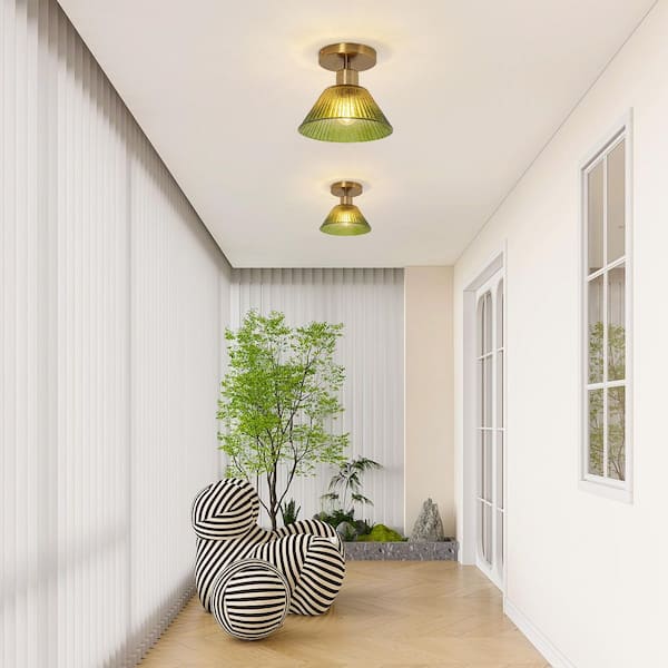7.5 in. 1-Light Brass Semi-Flush Mount Ceiling Light with Tradient Green Glass Shade