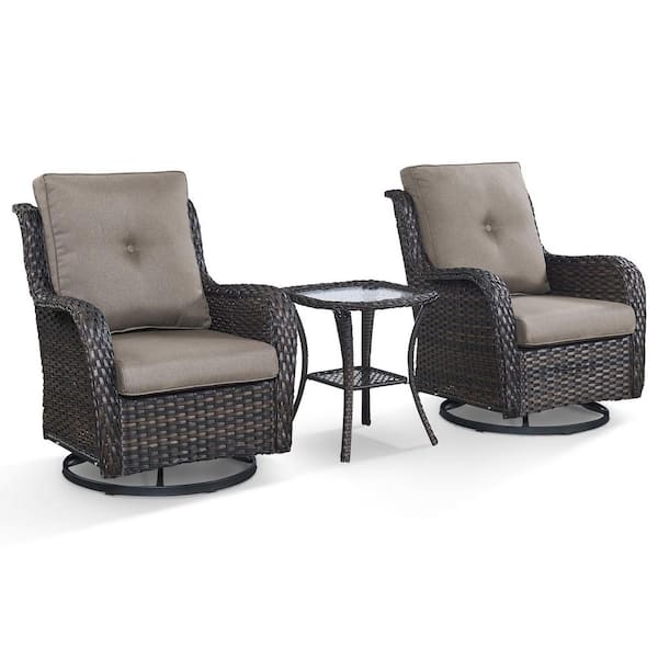 3-Piece Brown Wicker Patio Conversation Set Outdoor Rocking Chair and Side Table with Gray Cushions