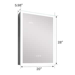 20 in. W x 28 in. H Rectangular Silver Aluminum Surface Mount LED Medicine Cabinet with Mirror Time and Temp Display