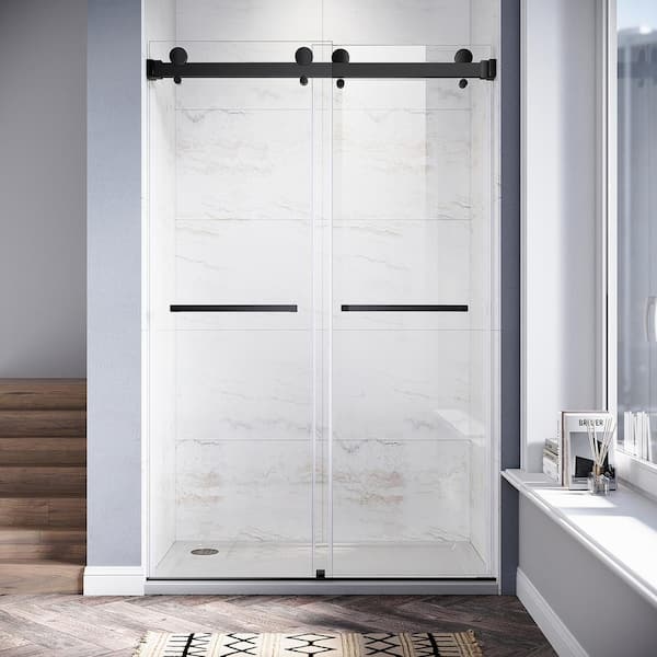 UKD01 46 to 49 in. W x 76 in. H Double Sliding Frameless Shower Door in Matte Black, EnduroShield 3/8 in. Clear Glass