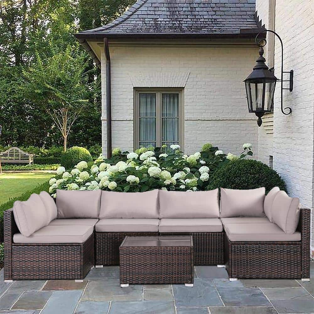 7-Piece Wicker Outdoor Sectional Set Patio Conversation Set with Gray Cushi