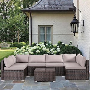 7-Piece Wicker Outdoor Sectional Set Patio Conversation Set with Gray Cushion and Coffee Table for Garden and Patio
