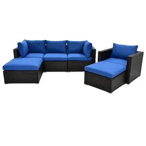 6-Piece Brown Wicker Outdoor Patio Sectional Sofa Set with Thick Blue Cushions and Glass Table