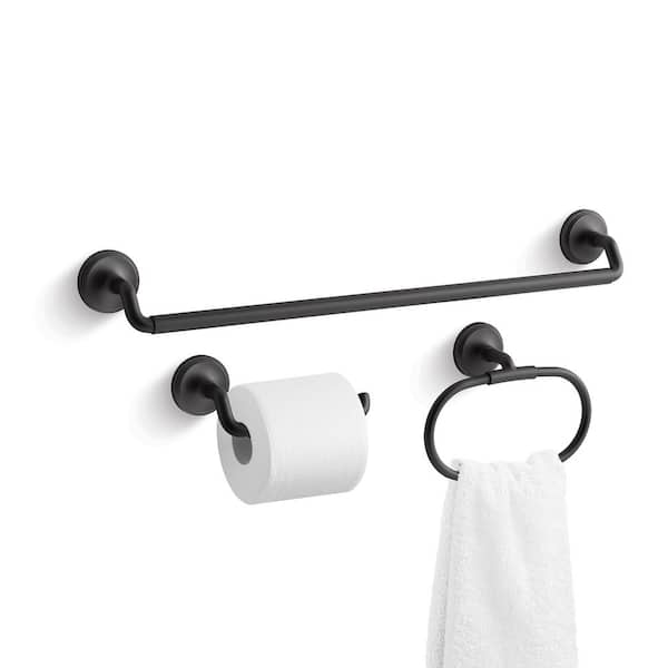 Paces 3-Piece Bath Hardware Set with Towel Bar, Toilet Paper Holder and Hand Towel Holder in Matte Black