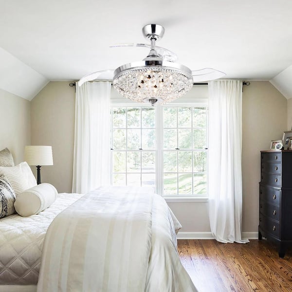 42 in. Retractable 3-Blade Chrome Crystal Ceiling Fan with Light Kit and Remote Control