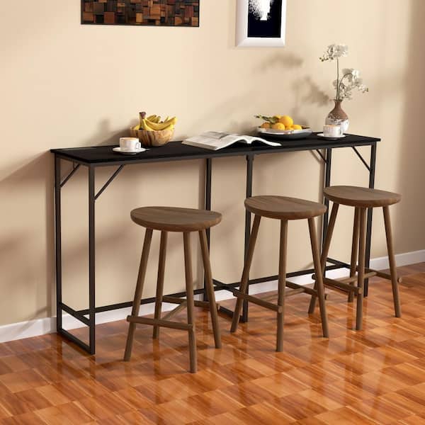 70 in. Long Bar Table with Charging Station, Industrial Style Rectangular Bar Height Pub Table, Black Wood Grain