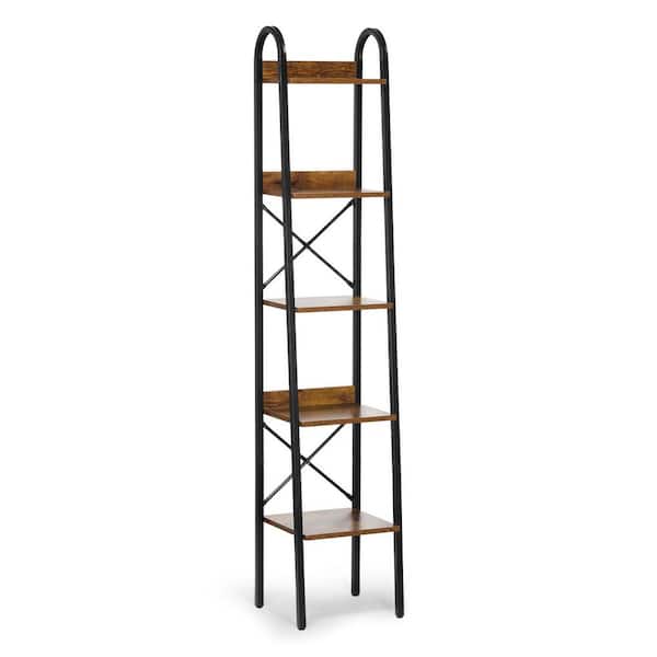 Metal Bookshelf, 5 Tier Industrial Bookshelf, Freestanding  11.81 in. x 13.39 in. x 66.93 in. Corner Standard Brown