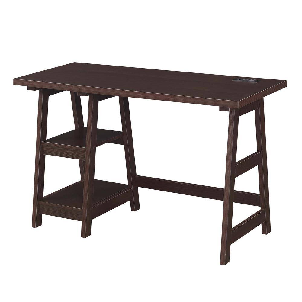 Espresso Wood Trestle Desk with USB Charging Station