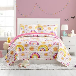 Rainbows and Suns 3-Piece Pink Microfiber Full/Queen Quilt Set