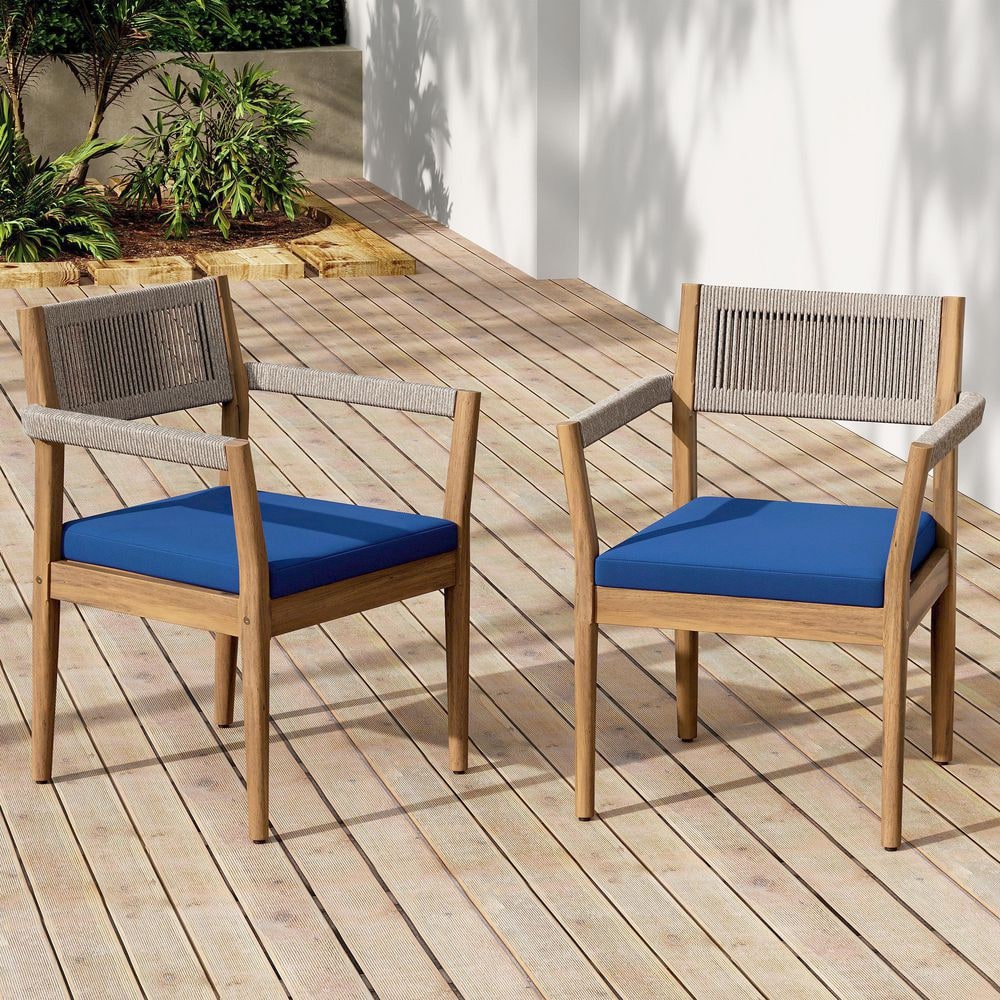Pinehill Patio Teak Finish Solid Wood Outdoor Dining Chairs with Navy Cushions, Beige Rope Woven Back and Arm, Set of 2