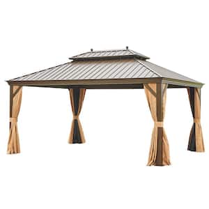 12 ft. x 16 ft. Outdoor Hardtop Gazebo Brown Canopy Double Vented Roof Pergolas Aluminum Frame with Netting and Curtains