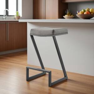 26.00 in. H Black, Gray Counter Height Metal Bar Stool with Faux Leather Seat