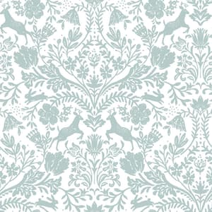 Blue Forest Dance Aqua Damask Fabric Pre-Pasted Matte Strippable Wallpaper