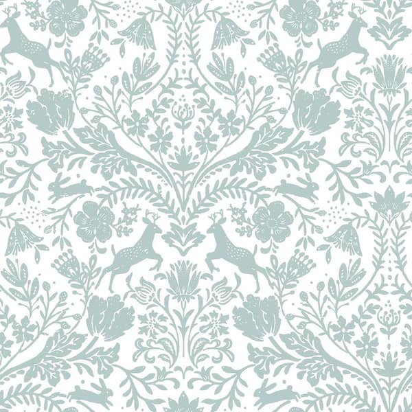 Chesapeake Blue Forest Dance Aqua Damask Fabric Pre-Pasted Matte Strippable Wallpaper