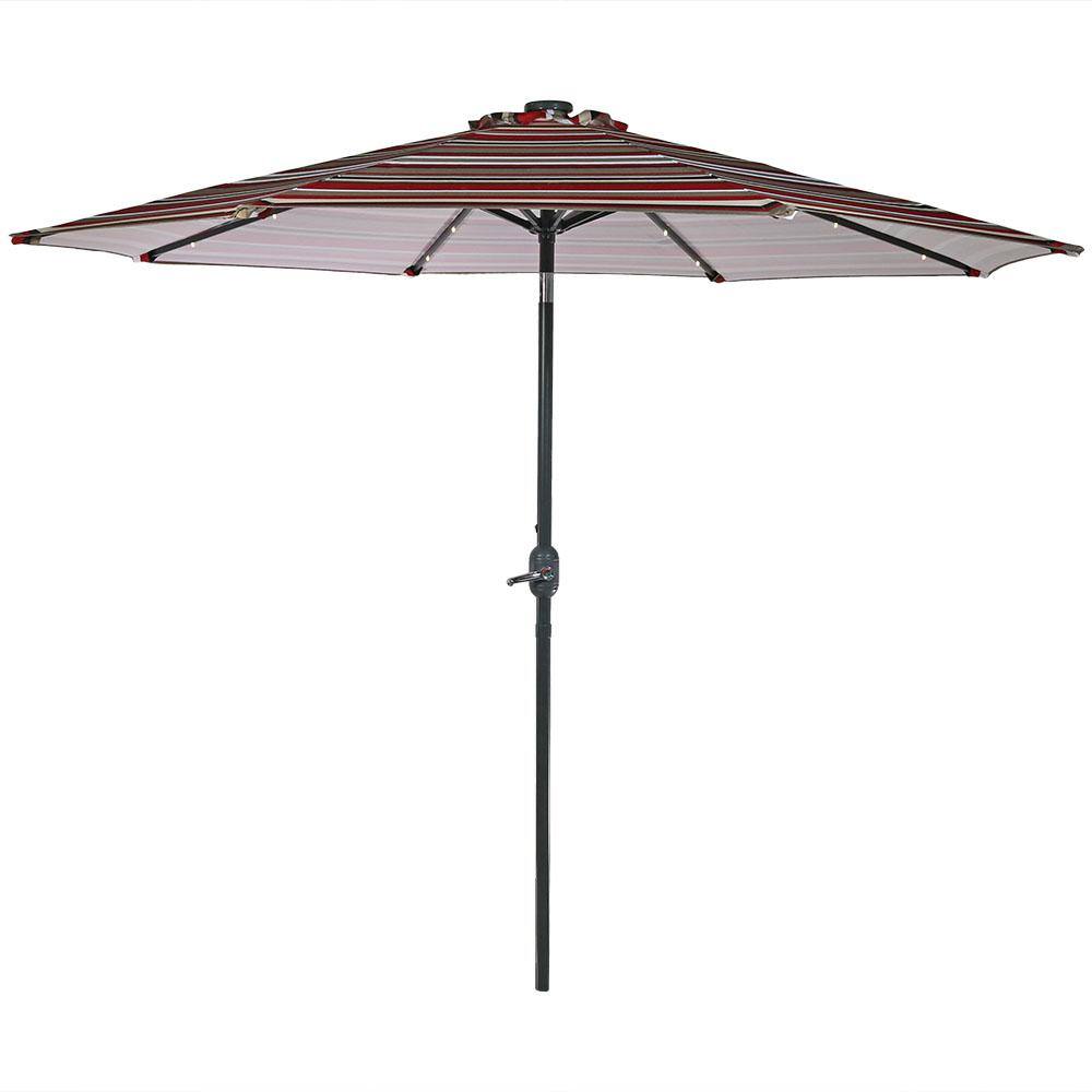 9' Awning Stripe Aluminum Market Umbrella with Solar LED Lights