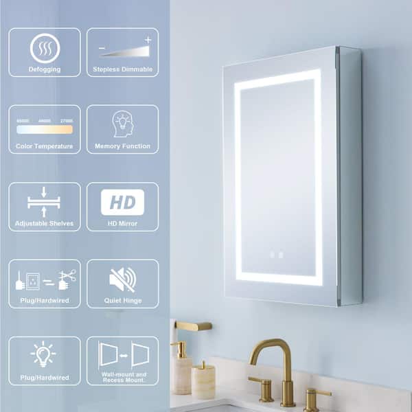 20 in. W x 30 in. H Rectangular Aluminum Recess Surface Mount Medicine Cabinet with Mirror,6000K Lighted,Dimmer,Defogger