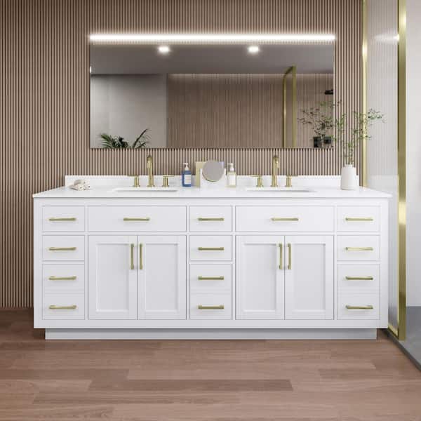 Beckett TK 84 in. W x 22 in. D x 35 in. H Double Sink Bath Vanity in White with Brushed Gold Trim White Quartz Top