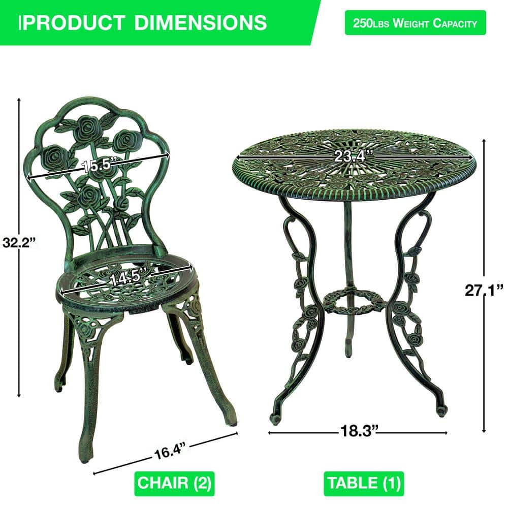 Verdigris Cast Iron and Aluminum Rose Pattern Bistro Set