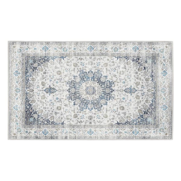 Vespera Medallion Silver 3 ft. x 5 ft. Traditional Machine Washable Non-Slip Area Rug