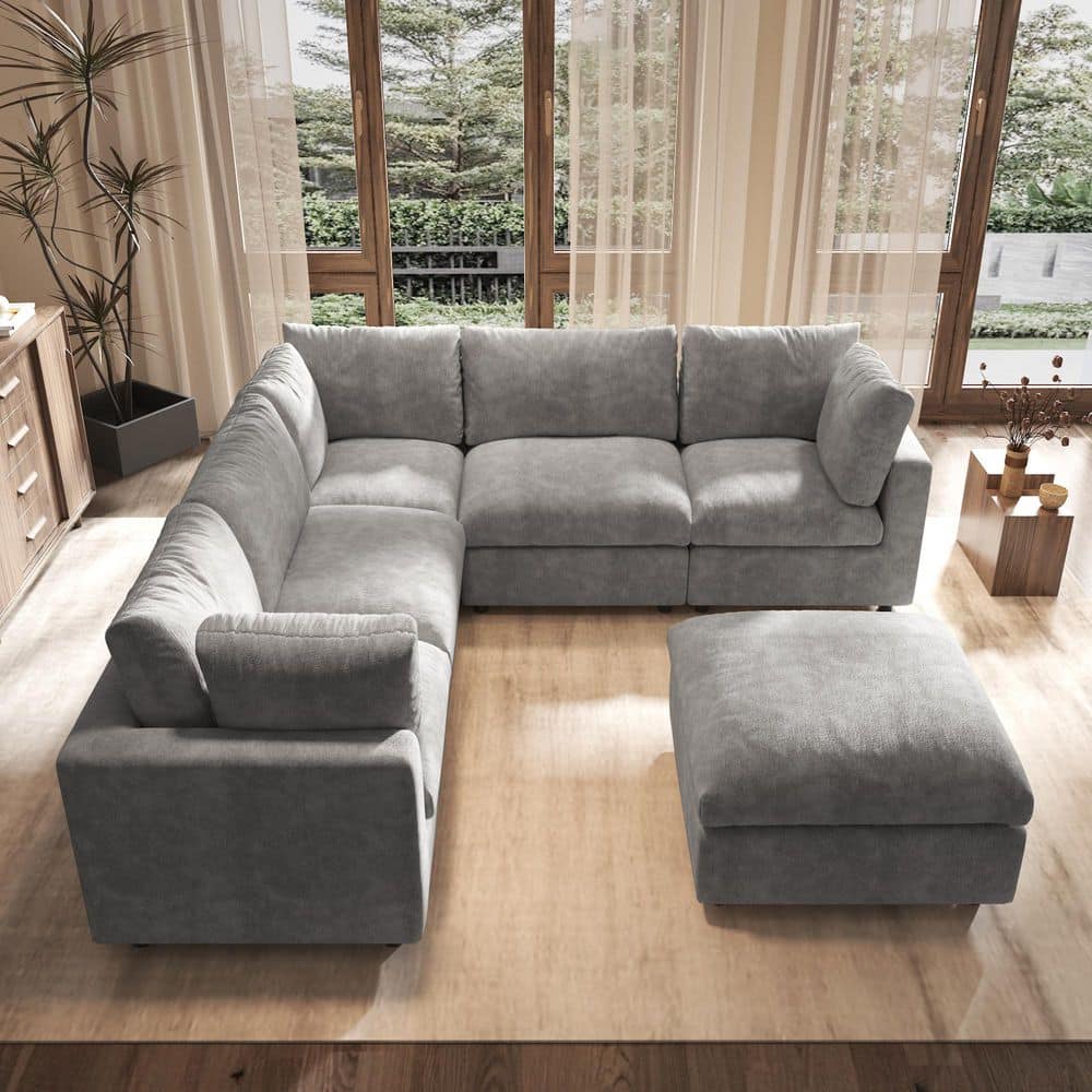 100.5 in. Oversized 6-Piece Chenille Modular Sectional Sofa Flexible Layout with Ottomans and Removable Covers in Gray