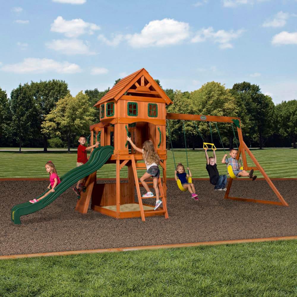 Atlantis Outdoor Kid's Playground Set w/ Clubhouse, Rockwall, Sand Pit, Swing Set, and Wave Slide -  Backyard Discovery, 1608016BCOM