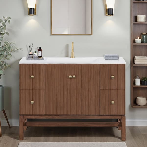 Kenzo 47.2 in. Single Sink Walnut Bath Vanity with White Solid Surface Top Assembled