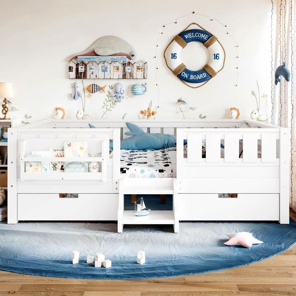 White Full Wood Kids Platform Bed with Staircase, Bookshelf, Safety Rails and 2 Large Drawers