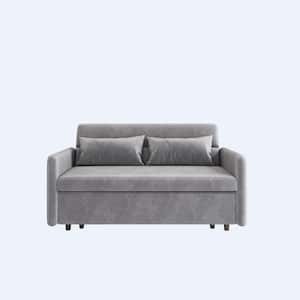 54 in. Gray Velvet Twin Size Sofa Bed with 2 Pillows