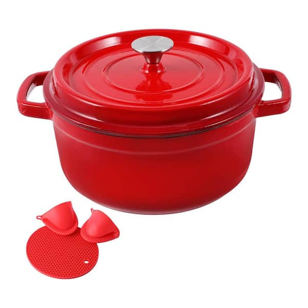 5-Piece Red Enameled Cast Iron Dutch Oven Set Non-Stick Lid High Thermal Conductivity All Cooktops