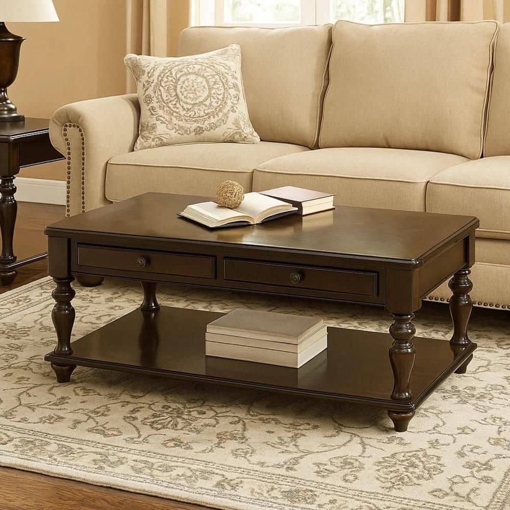 Benjara 48 in. Dark Espresso Brown Rectangle Wood Coffee Table With ...