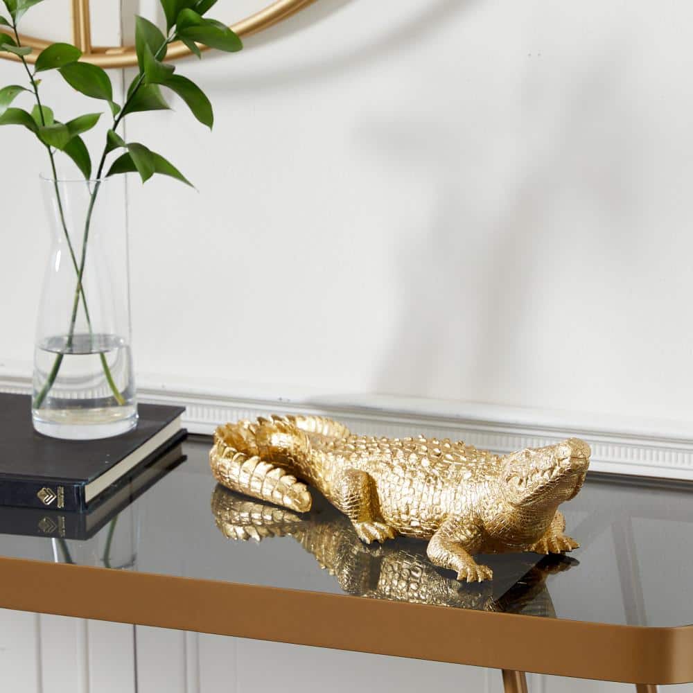 Litton Lane Gold Polystone Crocodile Sculpture 98677 - The Home Depot