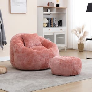 Modern Light Pink Chenille Pumpkin Shape Bean Bag Accent Arm Chair and Ottoman