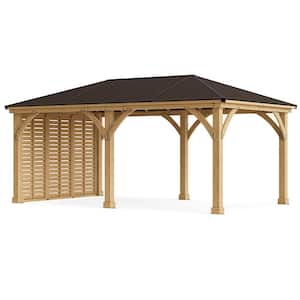 Meridian 12 ft. x 20 ft. Premium Cedar Outdoor Patio Shade Gazebo with a 12 ft. Privacy Wall and Brown Aluminum Roof