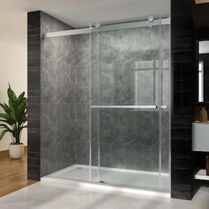 64 in. W x 76 in. H Sliding Semi Frameless Shower Door/Enclosure in Stainless-Steel with Clear Glass