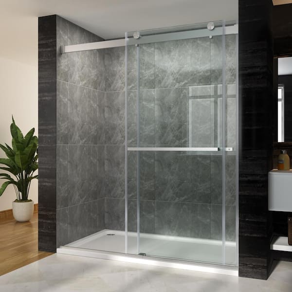 TOOLKISS 64 in. W x 76 in. H Sliding Semi Frameless Shower Door/Enclosure in Stainless-Steel with Clear Glass