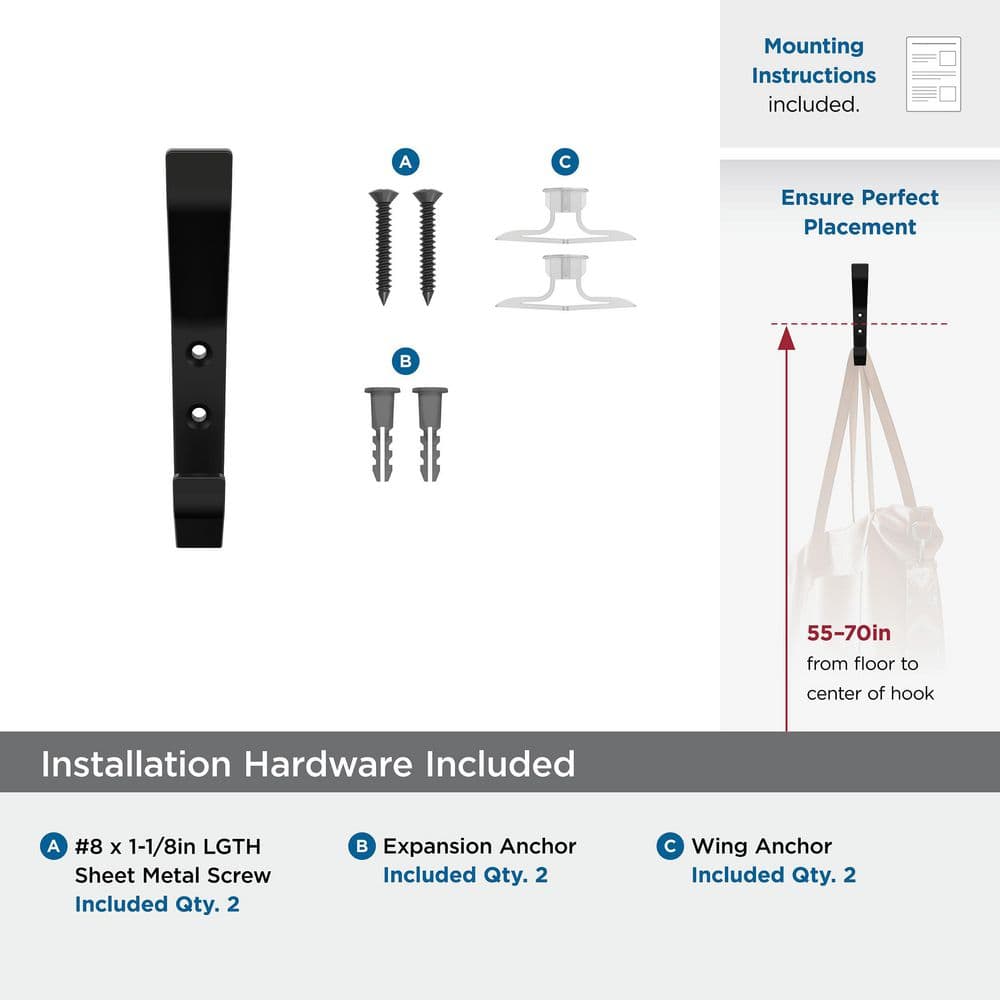Matte Black Double Prong Metal Wall Hook