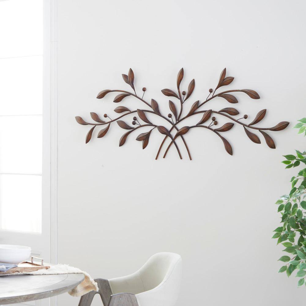Brown Metal Leaf Branch Wall Sculpture with Brushed Finish