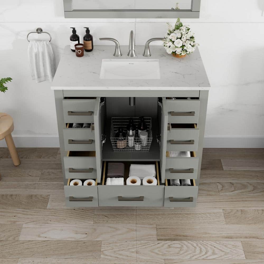 Eviva Hampton 36" Gray Transitional Freestanding Bathroom Vanity with White Carrara Marble Top