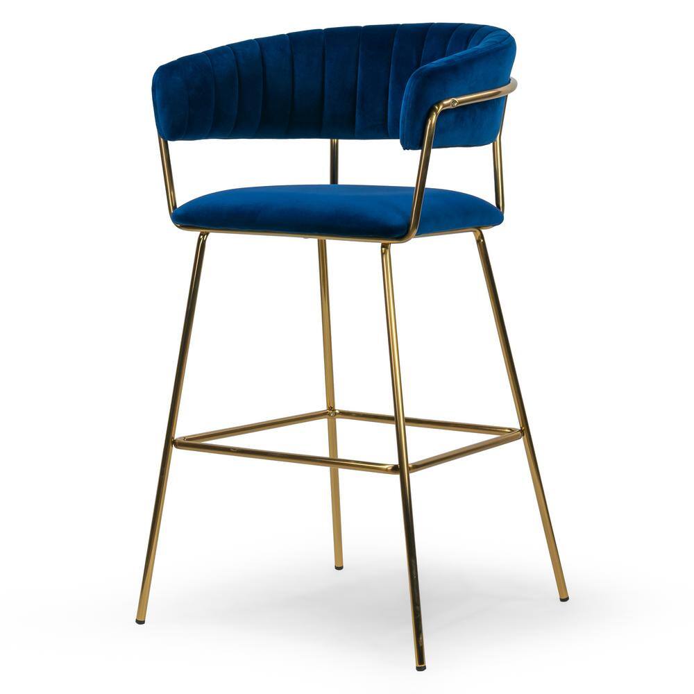 Aurora Blue Velvet 30" Bar Stool with Golden Metal Legs - Set of 2