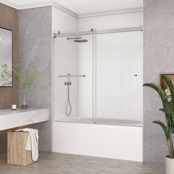 60 in. W x 60 in. H Double Sliding Frameless Tub Door in Brushed Nickel with 5/16 in. Clear Tempered Glass
