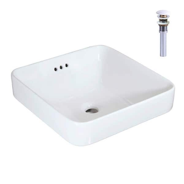 16.5 in. Square Drop-In Ceramic Bathroom Sink in White with Pop Up Drain