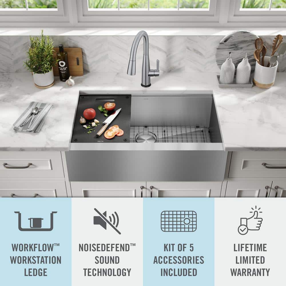 Delta Rivet 33" Stainless Steel Farmhouse Workstation Sink