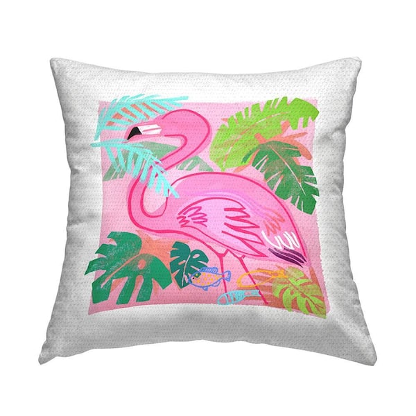 Pink Tropical Flamingo Leaves Pink Square Outdoor Throw Pillow