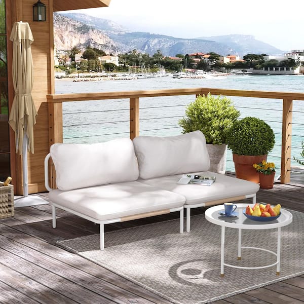 2 Piece Metal Outdoor Sectional Sofa with Beige Cushions 2-Armrest