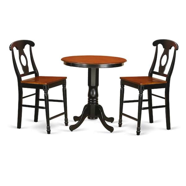 East West Furniture 3-Piece Round Black Finish Solid Wood Top Dining Table with 2 Chairs with Lattice Back