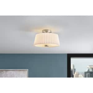 Emyvale 14 in. 2-Light Brushed Nickel Flush Mount with White Fabric Shade