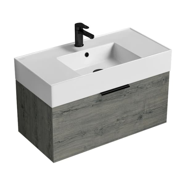 Nameeks Derin 31.9 in. W x 17.4 in. D x 20.47 in. H Modern Bathroom Vanity in Grey Oak With White Ceramic Top
