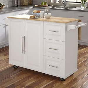 White Extensible Solid Wood Tabletop 53.54 in. Kitchen Island with Drawers and Towel Rack