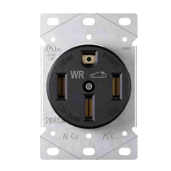 50 Amp 125/250 V NEMA 14-50R EV Charger Weather Resistant Electric Vehicle Outlet UL Listed, Black 1-Piece