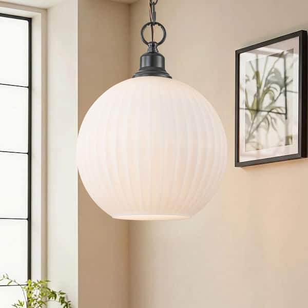 Frances 1-Light 11.8 in. Modern Black Globe Pendant Light with White Ribbed Glass Shade